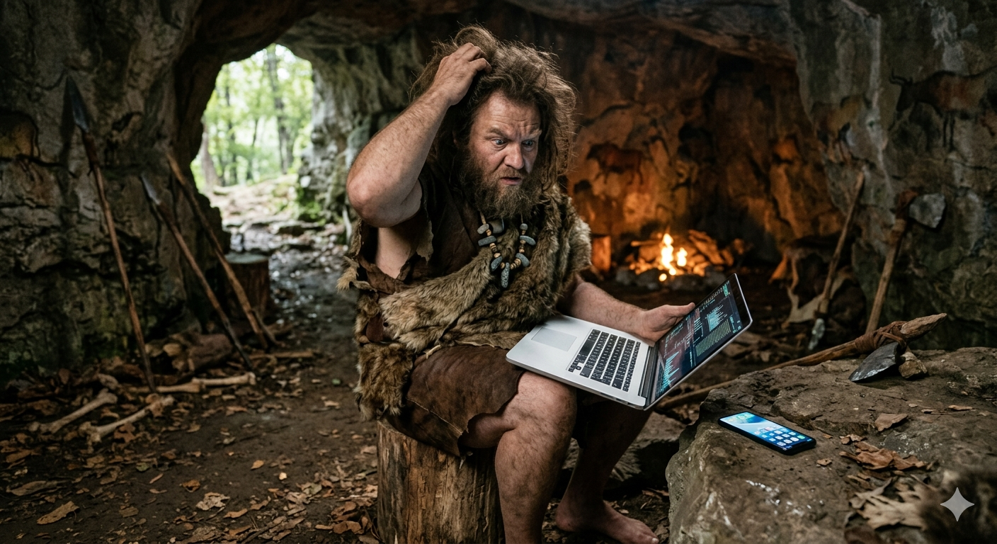 Caveman visual representing frustrating technology problems