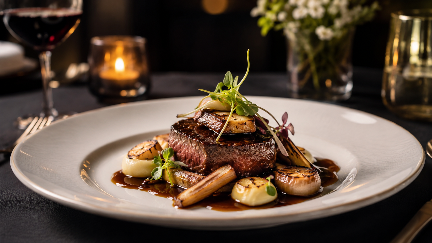 Pan-seared duck breast plated for dinner service