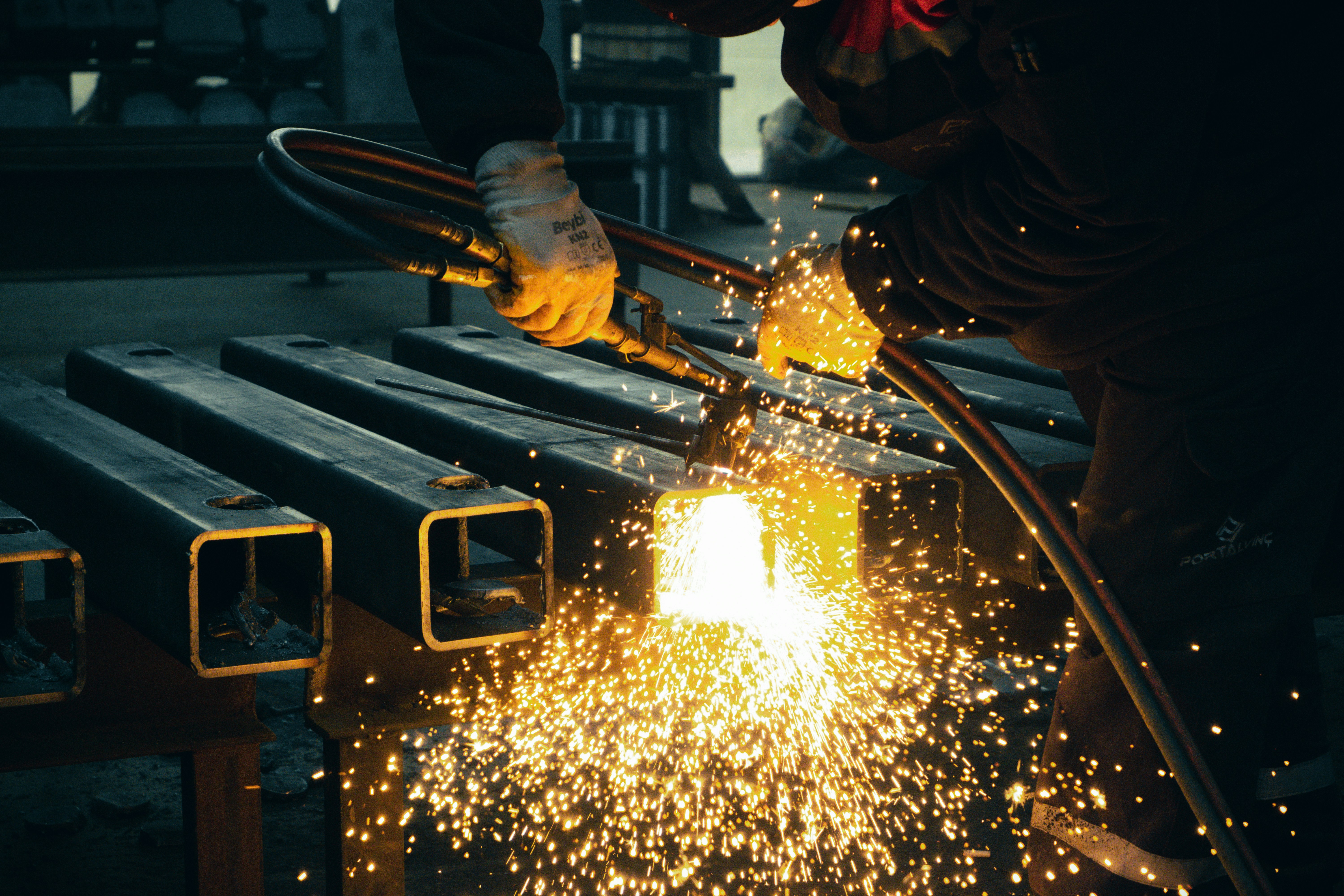 Welder fabricating an industrial assembly